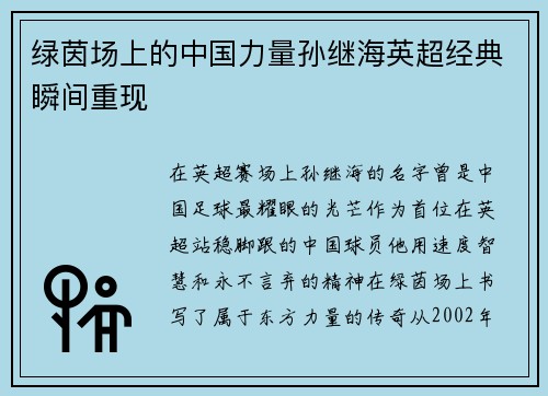 绿茵场上的中国力量孙继海英超经典瞬间重现